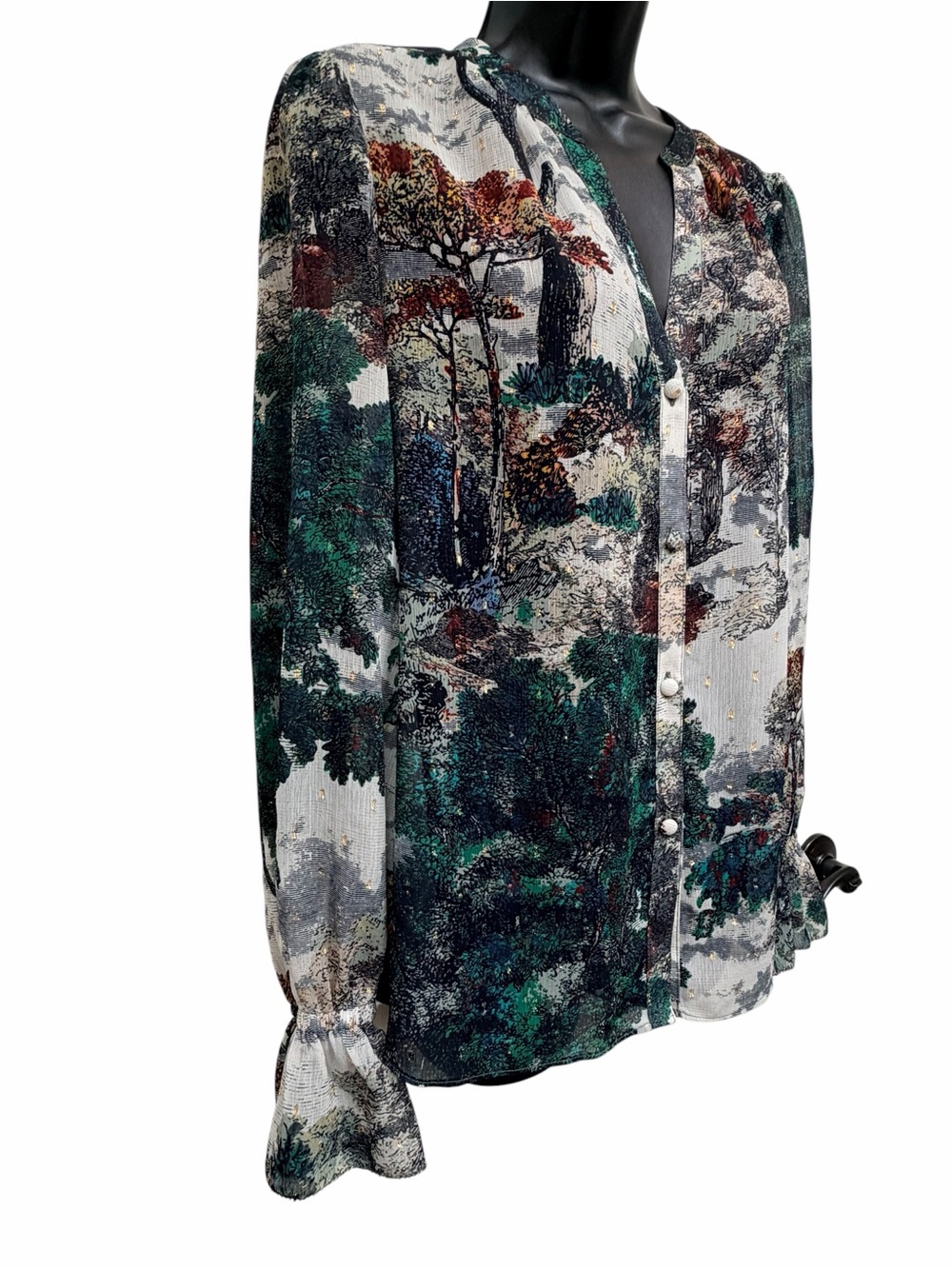 White House Black Market M Scenic Toile Print Sheer Blouse Ruffle Cuff - Picture 7 of 15